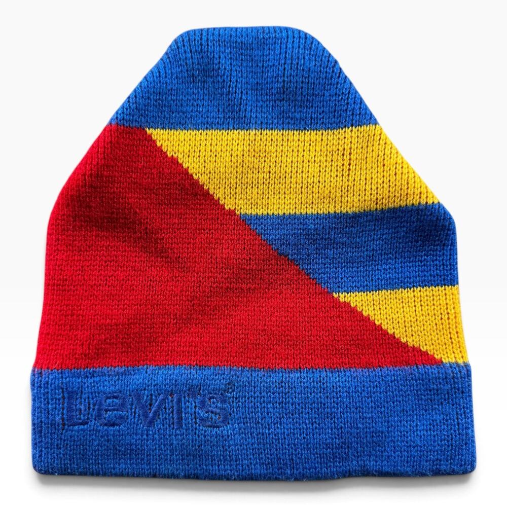 Vintage 80s 90s Levis Ski Beanie Mens Red Blue Yellow Colorblock Knit Hat